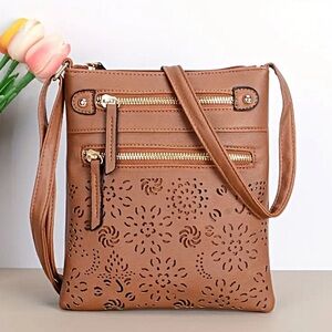 Brown Crossbody Bag with Floral Cutouts